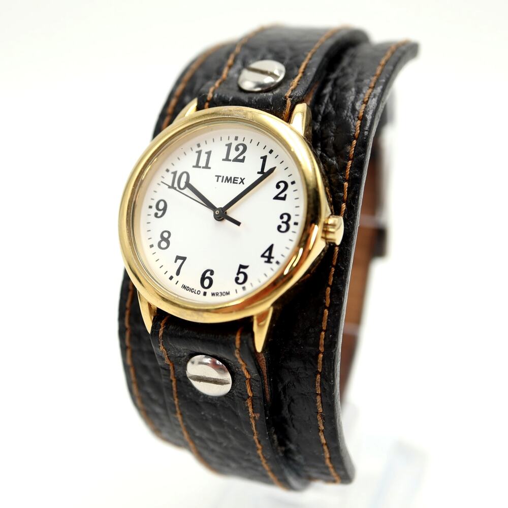 Timex Indiglo Easy Read Gold Tone 31mm Womens Watch Black Leather w New Battery